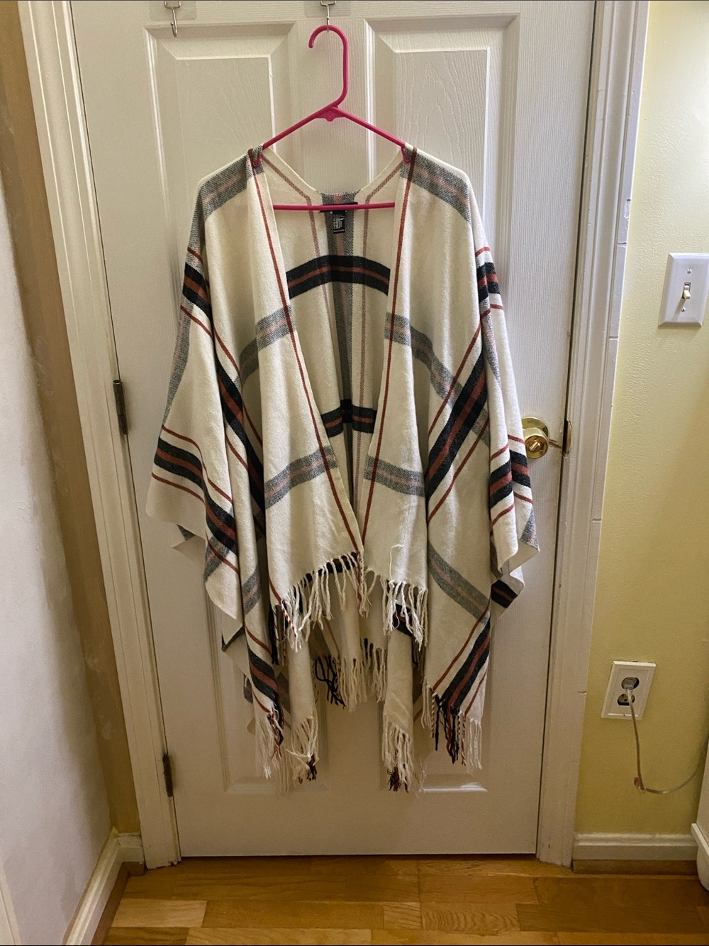 Forever 21 Ivory Plaid Fringe Throw Cape with Rust and Gray Stripes